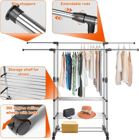 Portable Rolling Clothes Rack - 3 Tier